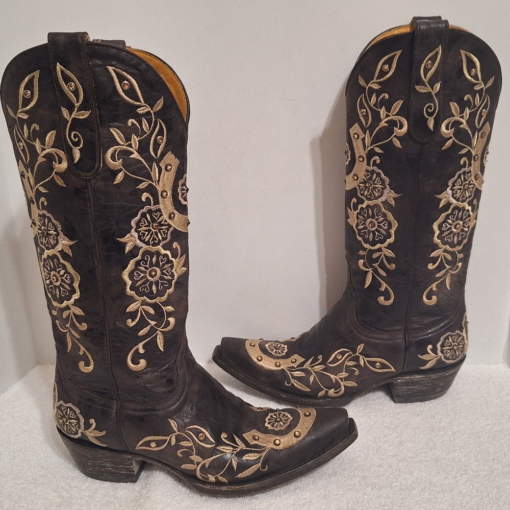 Old Gringo Lucky Chocolate Gold Embroidered Western Boots Women's Size 5 B